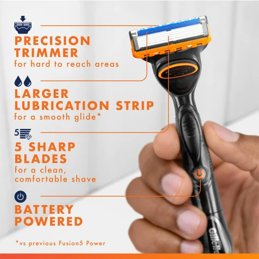 Gillette Fusion5 Power Men’s Razor Handle, Orange, 1 Blade Refill - Image 7